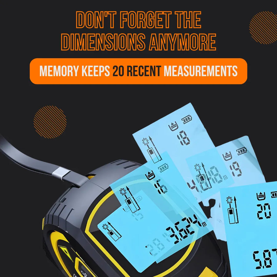 Digital tape measure with LCD memory displays, keeps 20 recent measurement readings