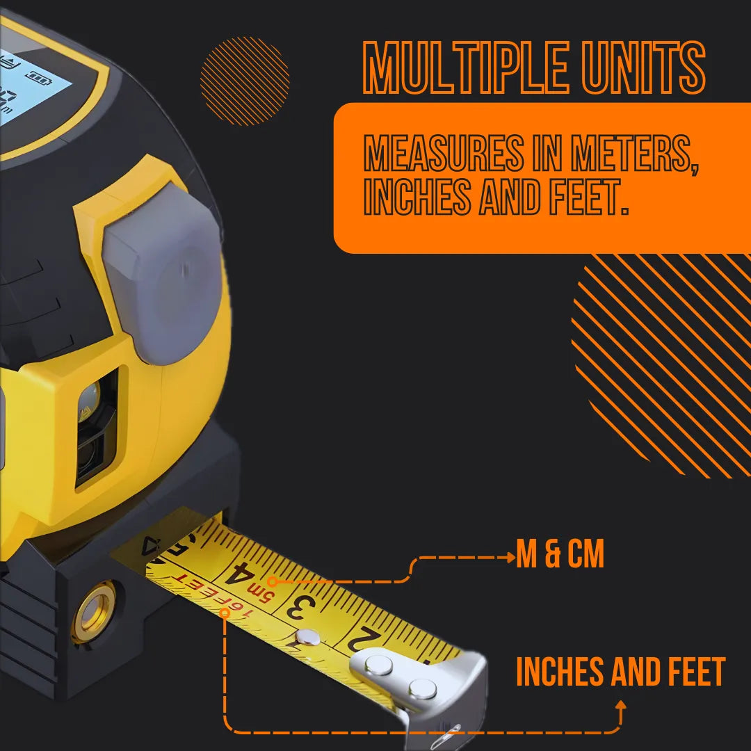 Yellow and black tape measure showing metric and imperial units, labeled meters, inches, feet.