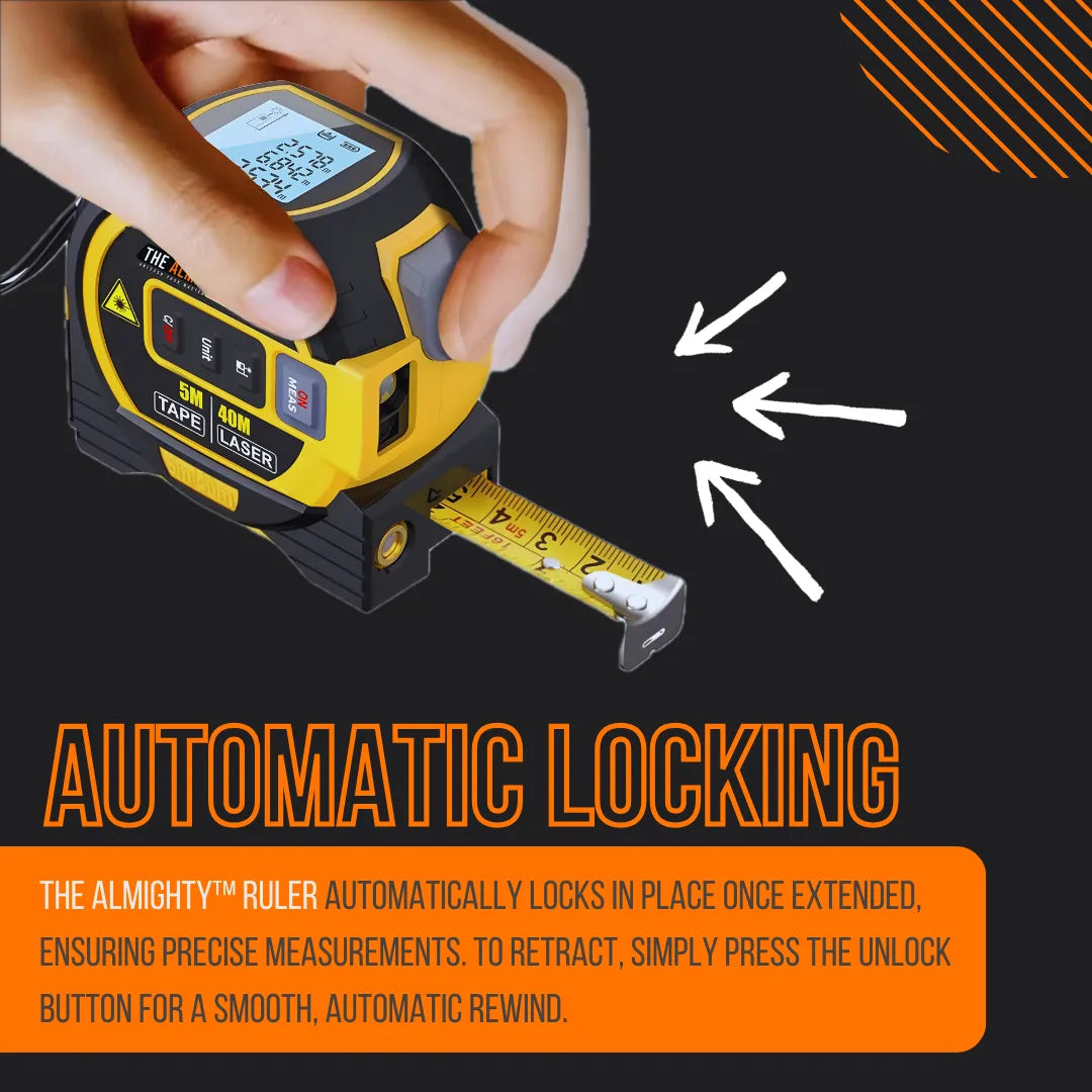 Hand using The Almighty Ruler tape measure with automatic lock, digital screen, and laser