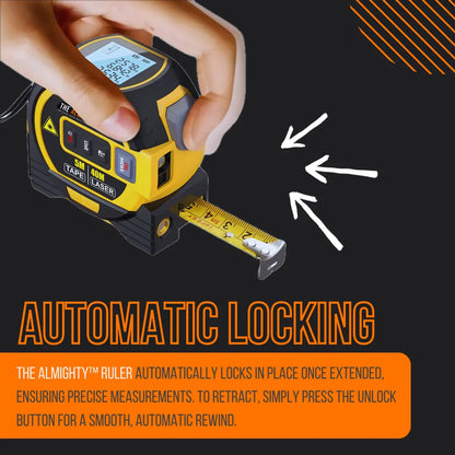 Hand using The Almighty Ruler tape measure with automatic lock, digital screen, and laser
