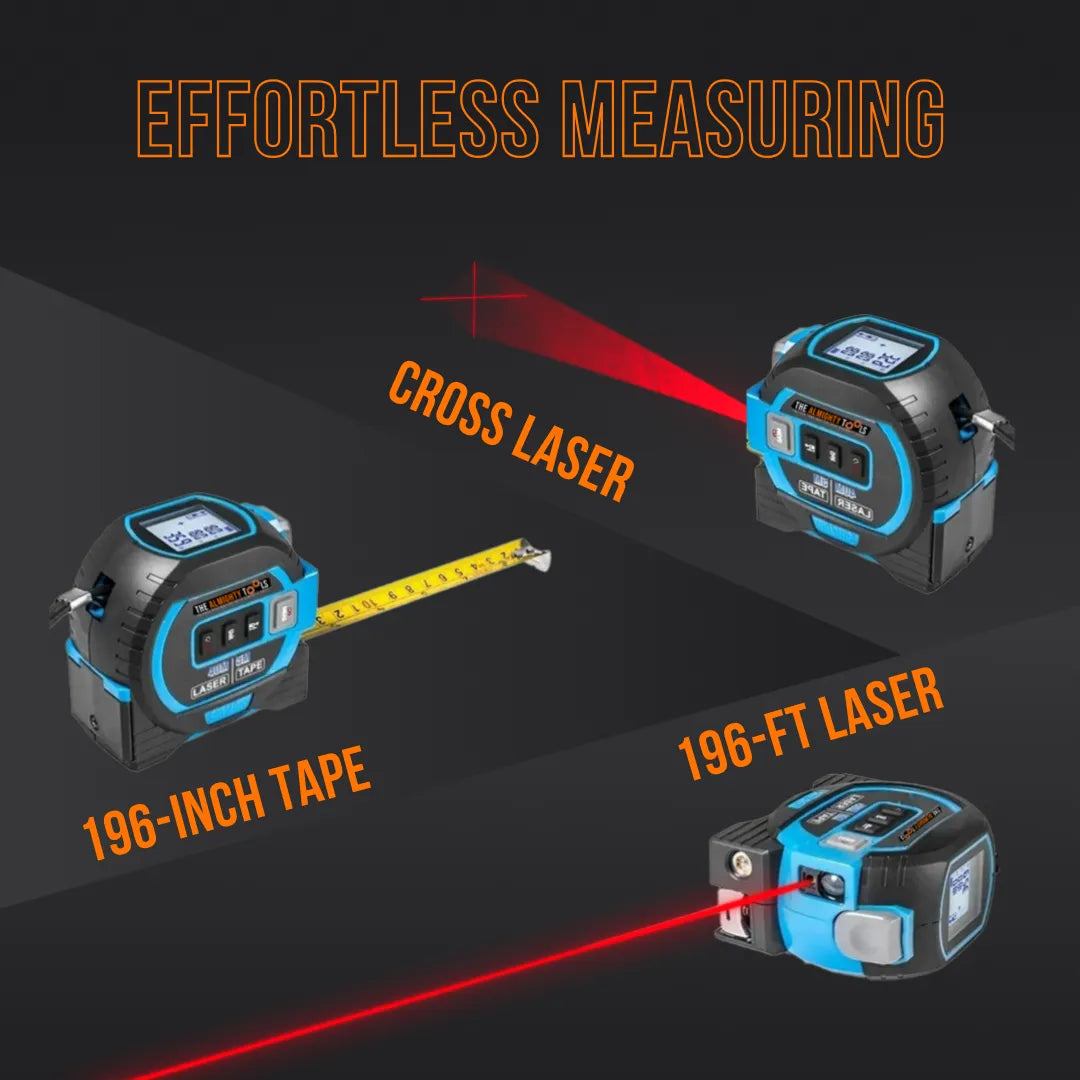 Digital laser tape measure with cross laser, 196-inch tape, and 196-ft laser features.