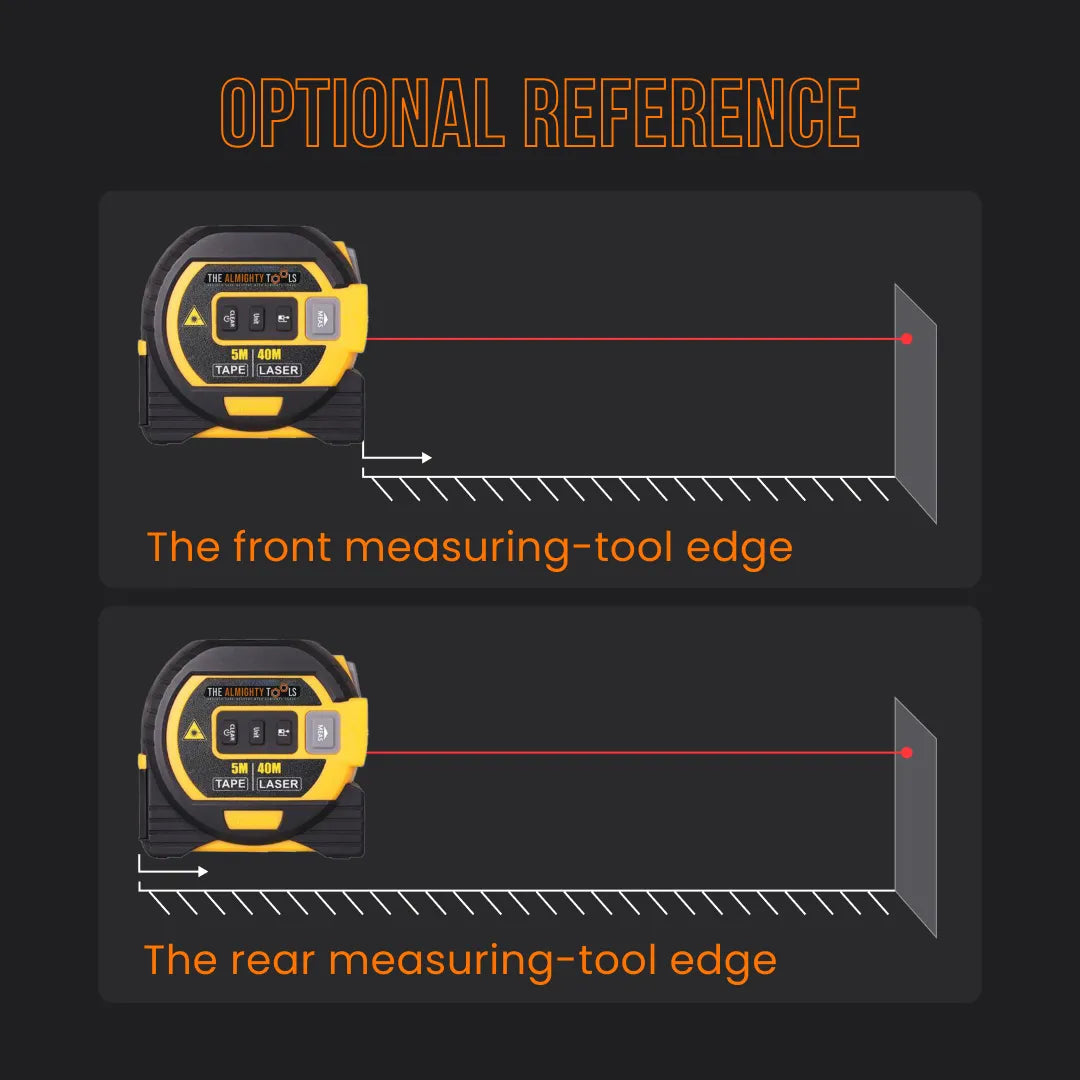 Laser tape measure tool showing front and rear measurement edge reference options