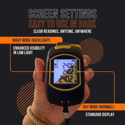 Hand holding digital measuring device with backlit screen, easy to use in dark night mode