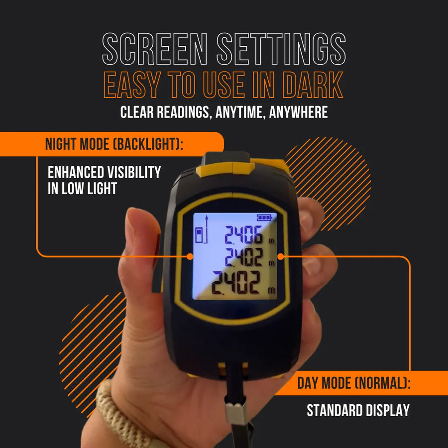 Hand holding digital measuring device with backlit screen, easy to use in dark night mode