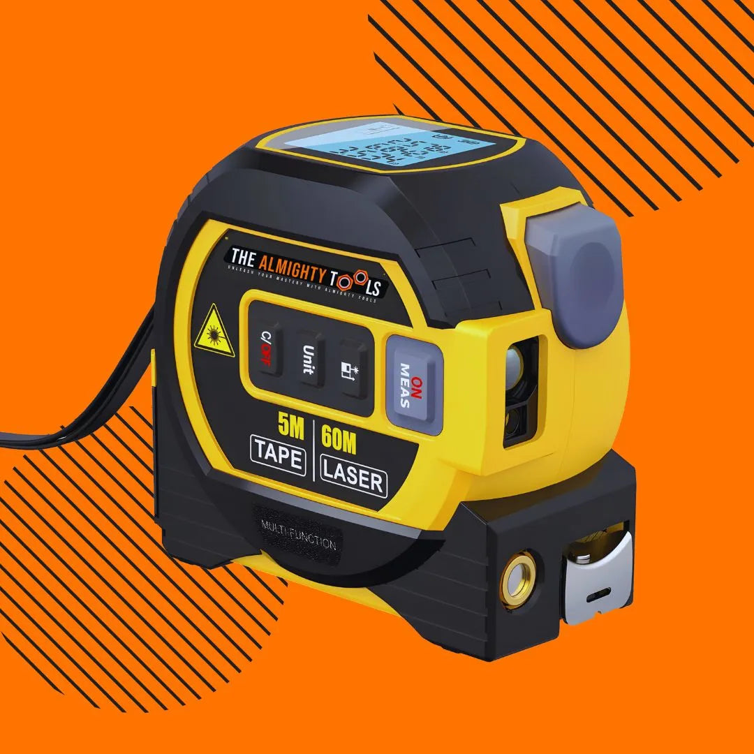 The Almighty Tools 5m tape and 60m laser measuring tool on an orange background