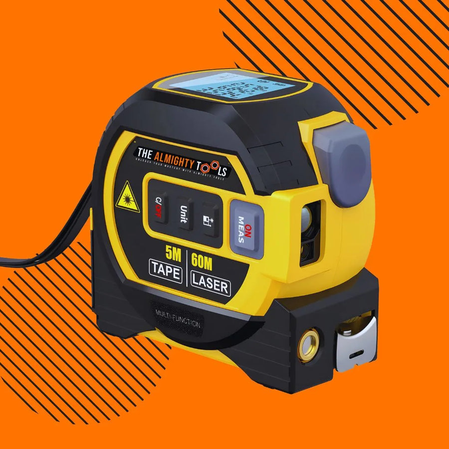 The Almighty Tools 5m tape and 60m laser measuring tool on an orange background