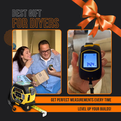 Digital laser tape measure gift for DIYers, with measurement display and happy couple.