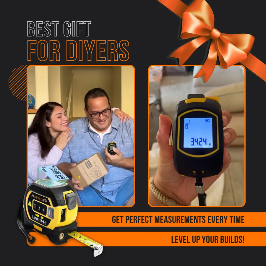Digital laser tape measure gift for DIYers, with measurement display and happy couple.