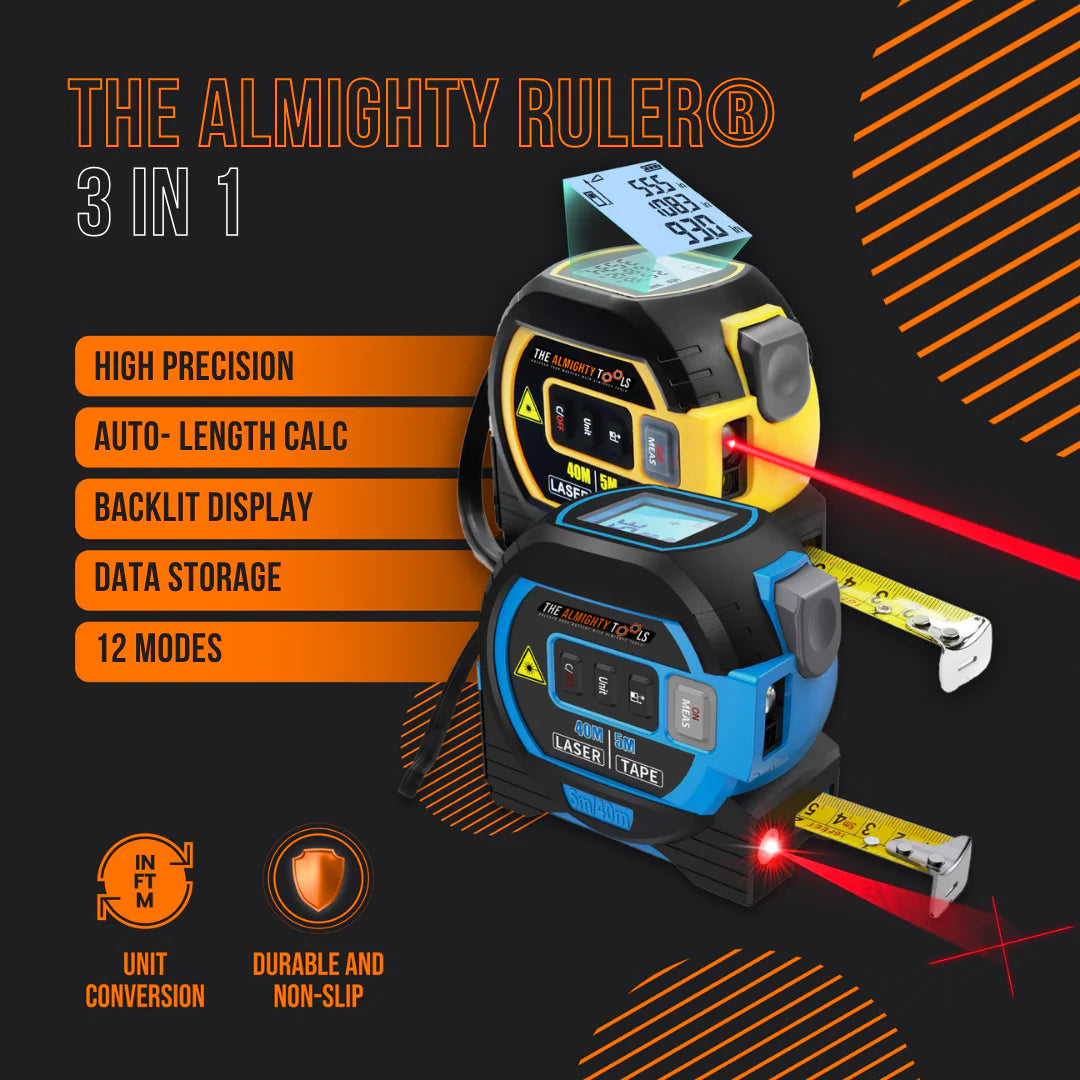 The Almighty Ruler 3-in-1 digital tape measure and laser tool with backlit display