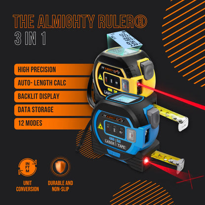 The Almighty Ruler 3-in-1 digital tape measure and laser tool with backlit display