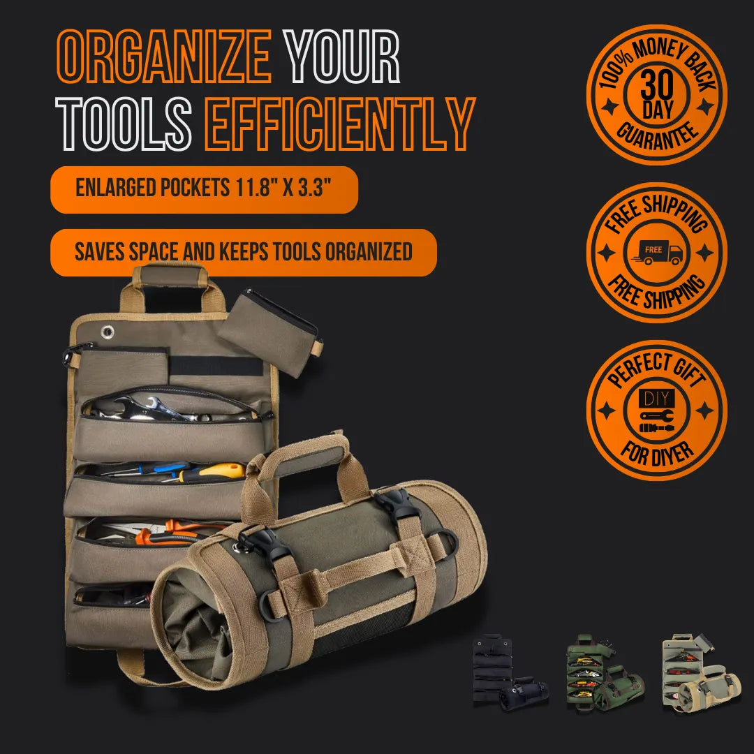 Tool organizer bag with multiple pockets, portable roll-up design, DIY tool storage solution