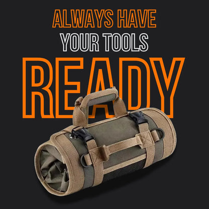 Olive green tool organizer bag with handles and straps on black background, text reads 'Always have your tools ready'.