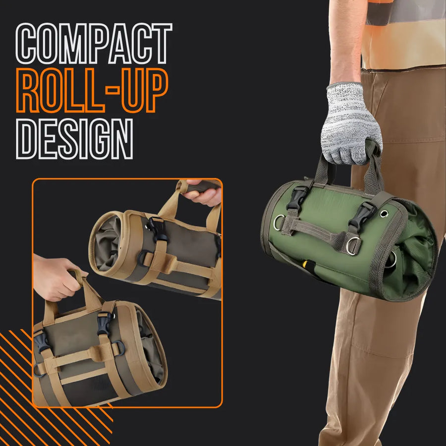 Compact roll-up tool organizer bag in green and brown, shown being carried by hand.