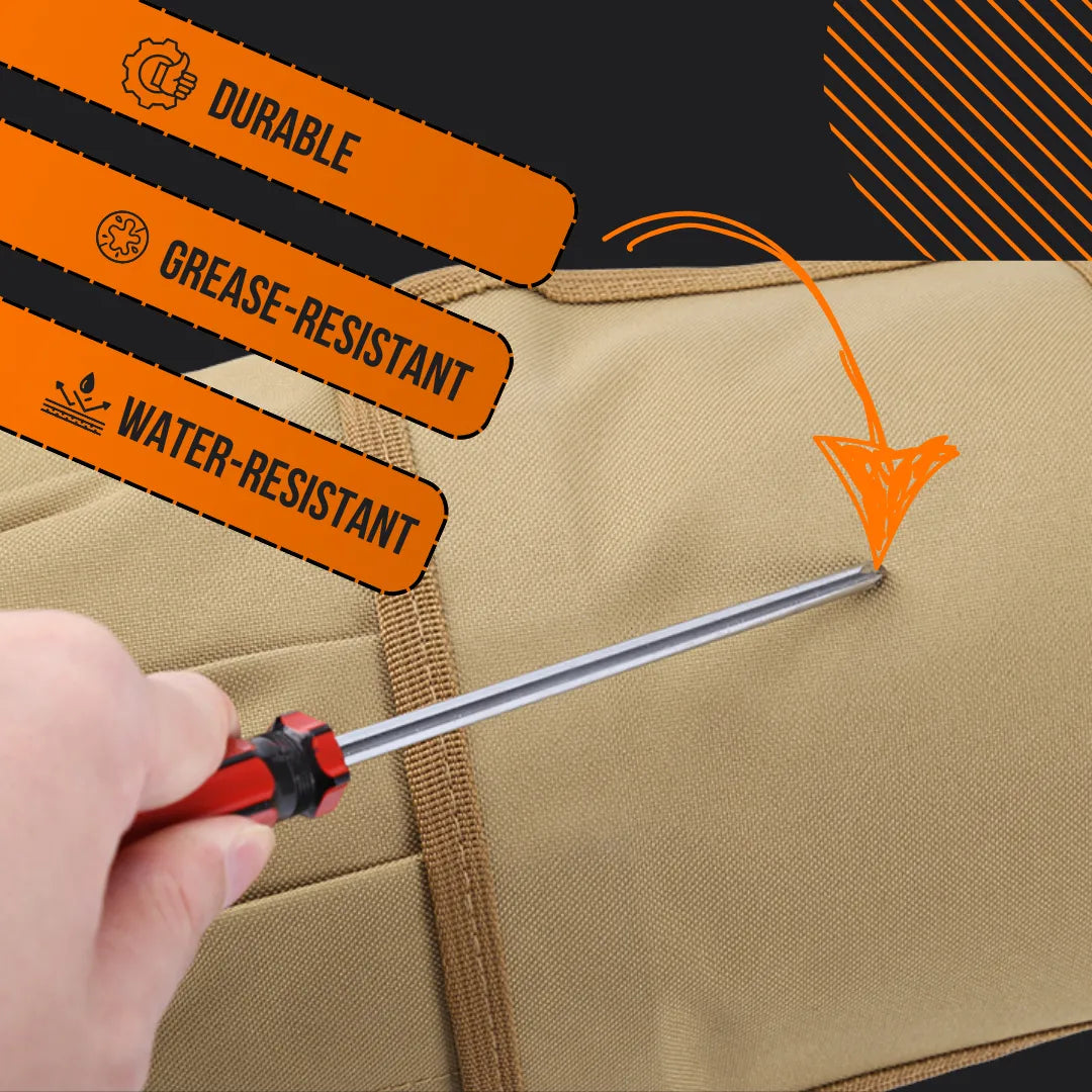 Hand testing tan tool organizer bag with screwdriver, showing durable, grease-resistant, water-resistant features.