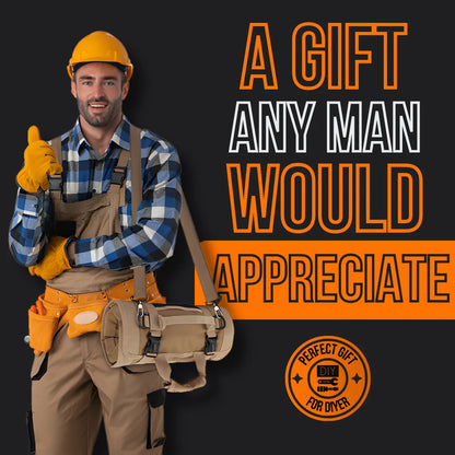 Smiling handyman with tool organizer bag, wearing hard hat and gloves, gift suggestion text.