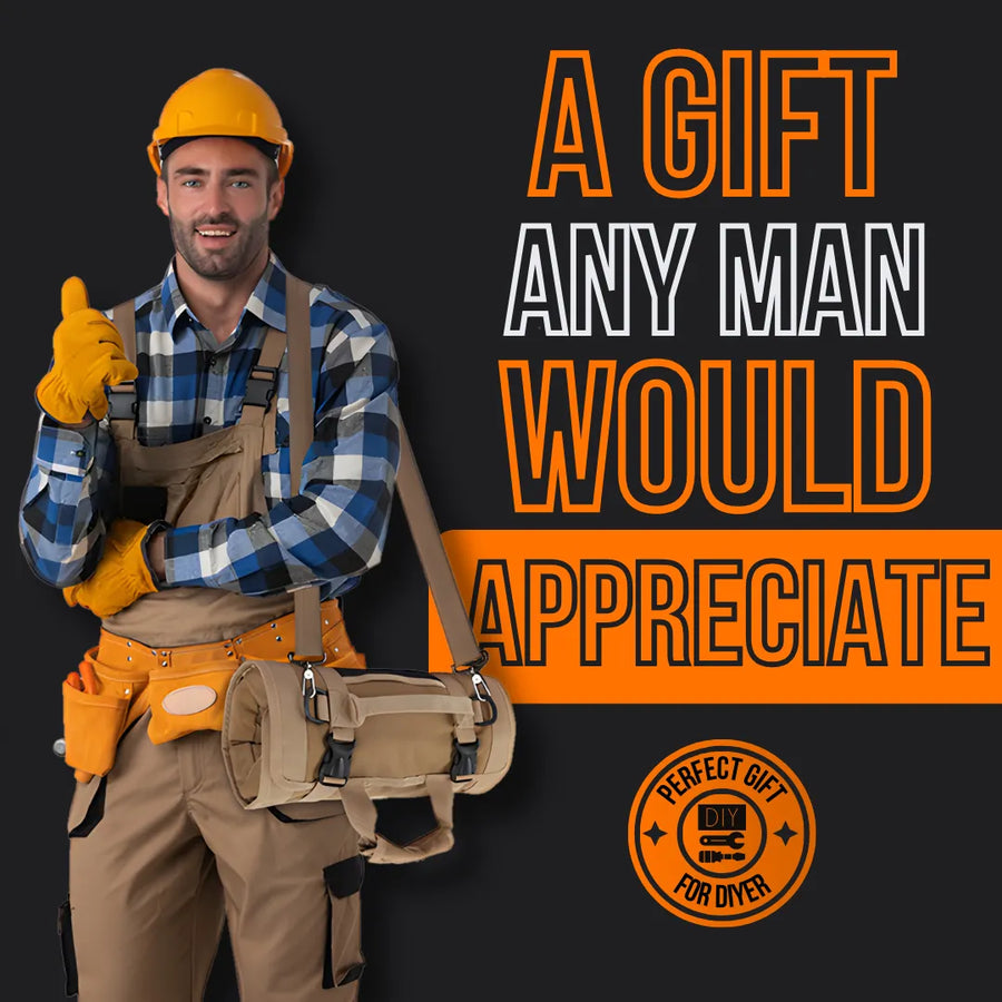 Smiling handyman with tool organizer bag, wearing hard hat and gloves, gift suggestion text.