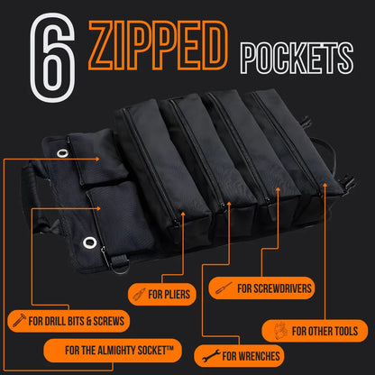 Black tool organizer bag with 6 zipped pockets for pliers, wrenches, screwdrivers, and tools