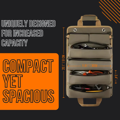 Compact tool organizer bag with multiple pockets, tan color, measuring 20.1 x 11.81 inches, designed for increased capacity.