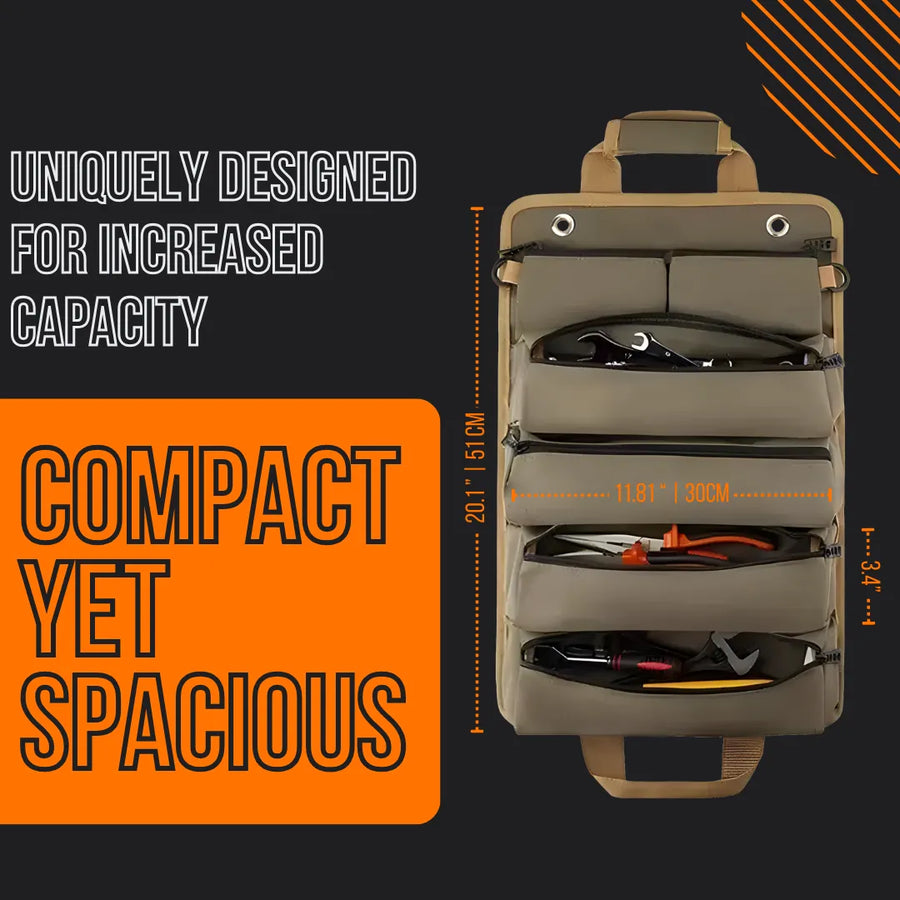 Compact tool organizer bag with multiple pockets, tan color, measuring 20.1 x 11.81 inches, designed for increased capacity.