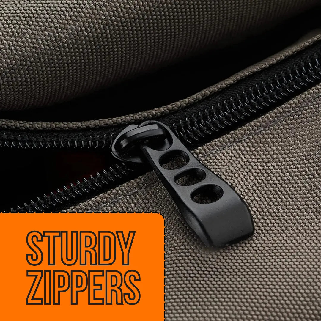 Close-up of tool bag sturdy zipper with textured fabric and 'Sturdy Zippers' text