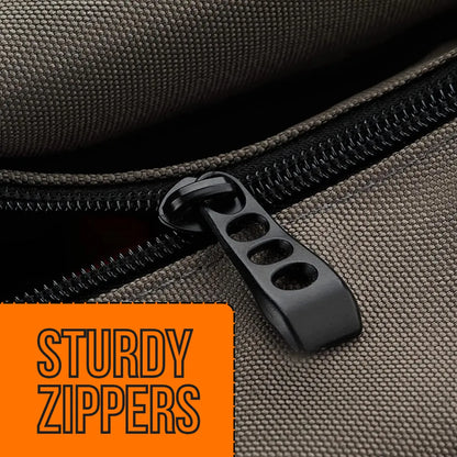 Close-up of tool bag sturdy zipper with textured fabric and 'Sturdy Zippers' text