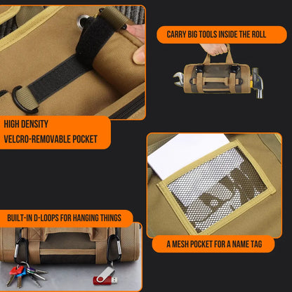 Tan tools organizer bag with velcro pocket, D-loops, mesh name tag pocket, carries large tools.