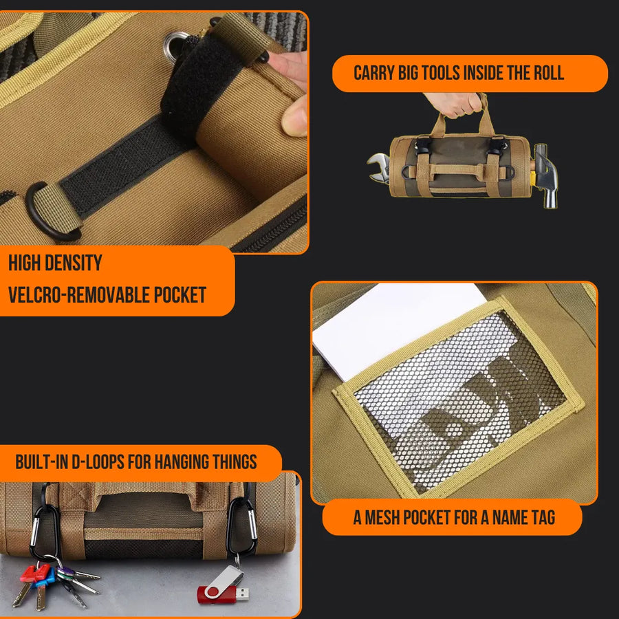 Tan tools organizer bag with velcro pocket, D-loops, mesh name tag pocket, carries large tools.