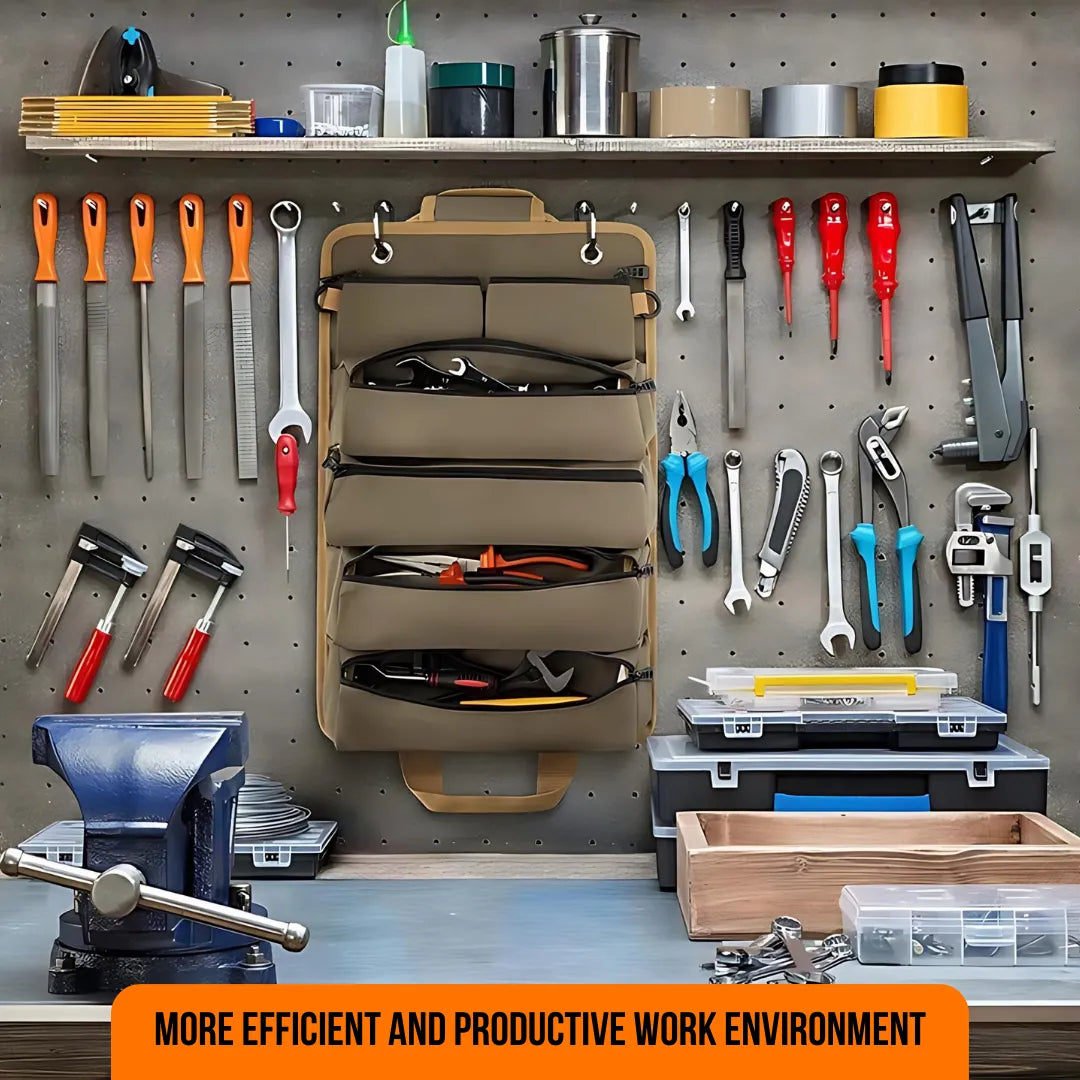 Tool organizer bag hanging on workshop pegboard with assorted hand tools and storage boxes