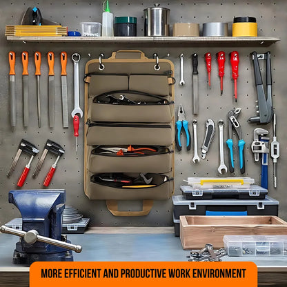 Tool organizer bag hanging on workshop pegboard with assorted hand tools and storage boxes