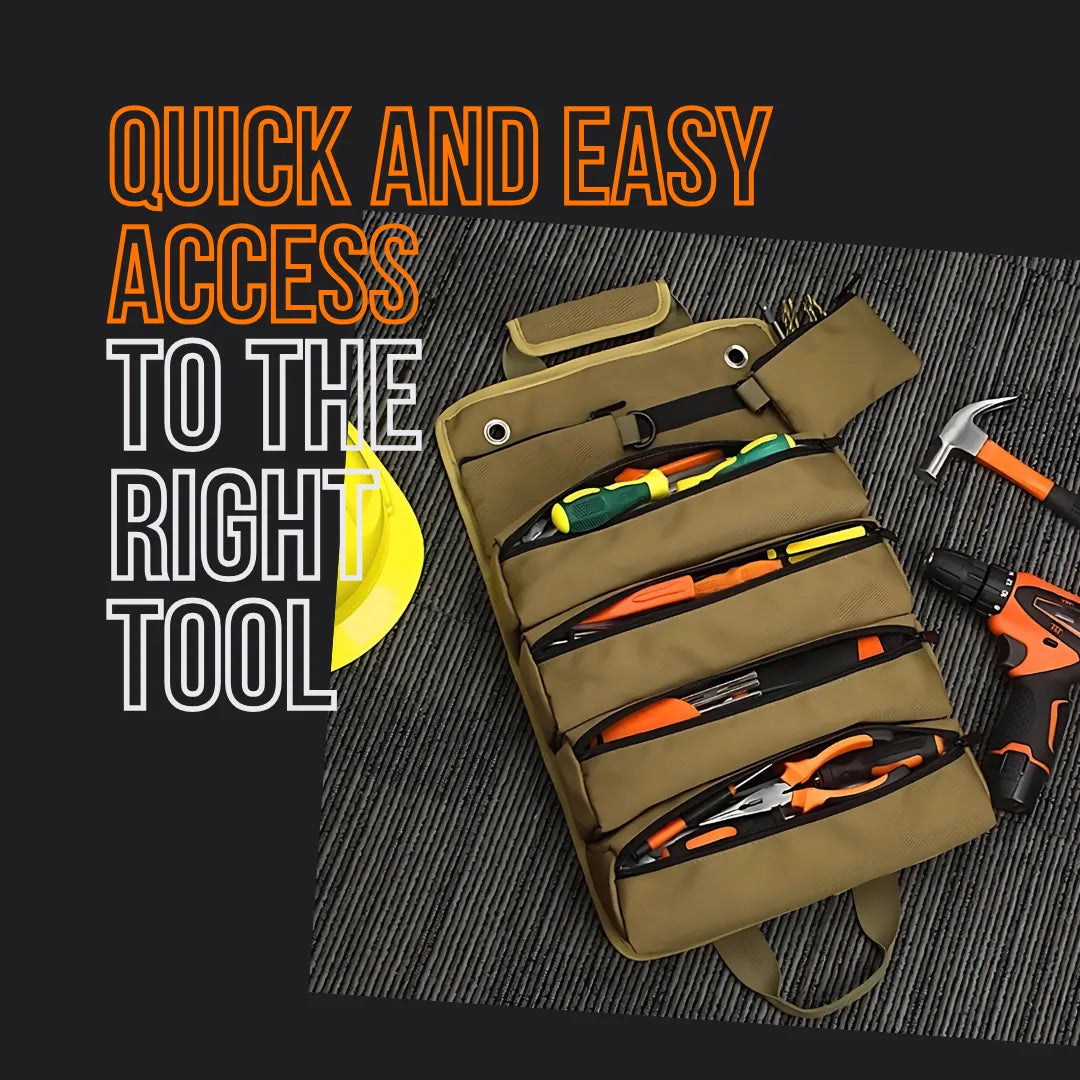 Tool organizer bag with zipper pockets holding hand tools, drill, and hammer on gray surface