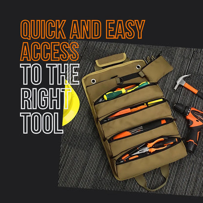 Tool organizer bag with zipper pockets holding hand tools, drill, and hammer on gray surface