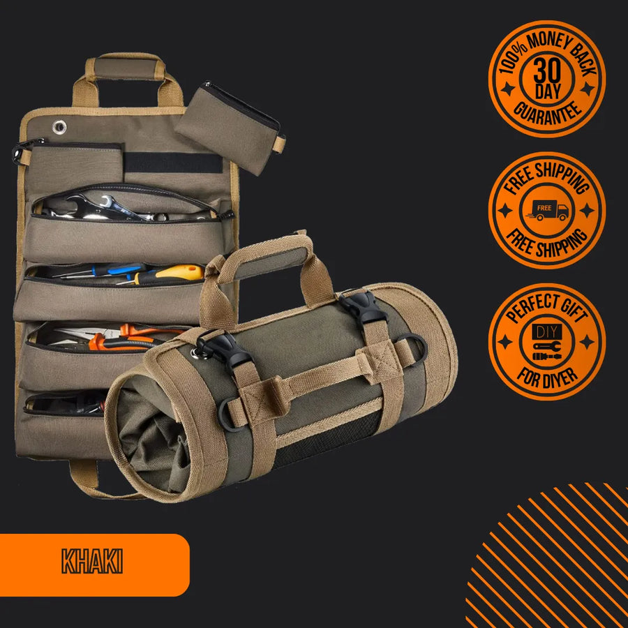 Khaki tool organizer bag with handles, tool pockets, and DIY gift promo badges