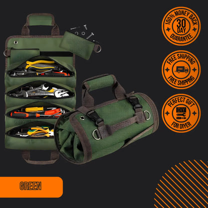 Green tool organizer bag with multiple compartments, tools inside, and roll-up design; promotional icons for money-back guarantee, free shipping, and DIY gift.