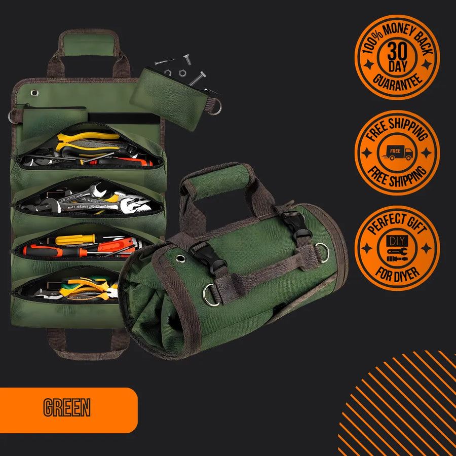 Green tool organizer bag with multiple compartments, tools inside, and roll-up design; promotional icons for money-back guarantee, free shipping, and DIY gift.