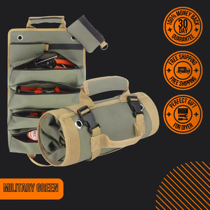 Military green tools organizer bag with pockets, DIY gift, 30-day guarantee icons