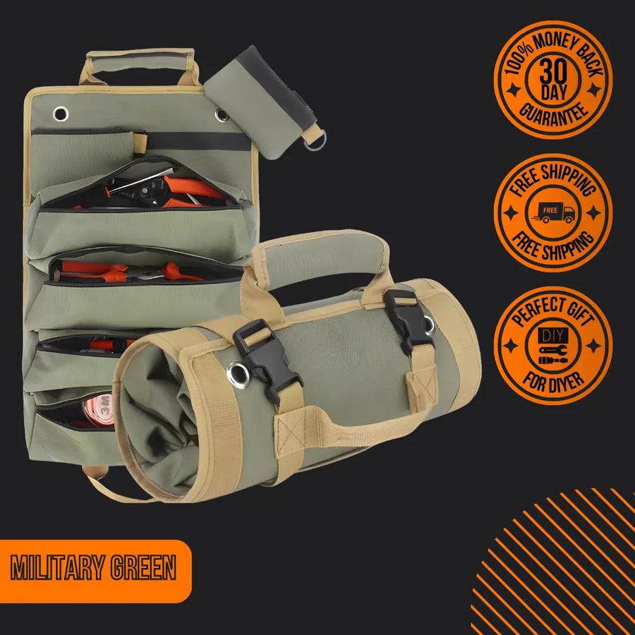 Military green tools organizer bag with pockets, DIY gift, 30-day guarantee icons