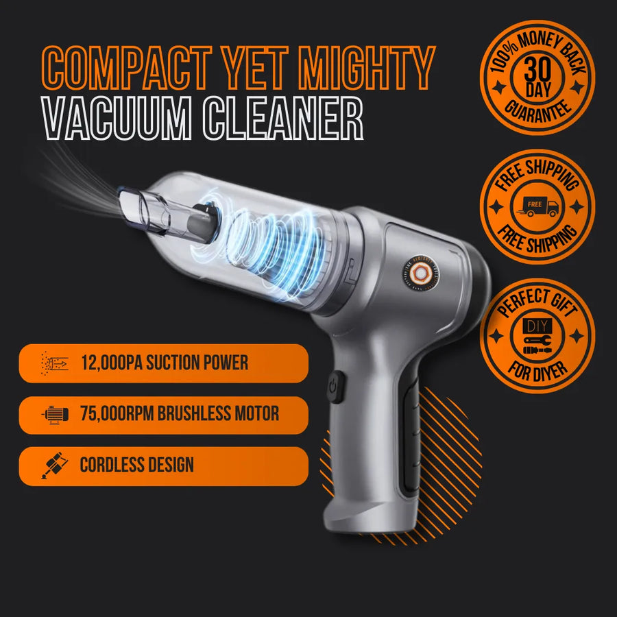 Compact cordless vacuum cleaner with 12,000Pa suction, 75,000RPM motor, and ergonomic design
