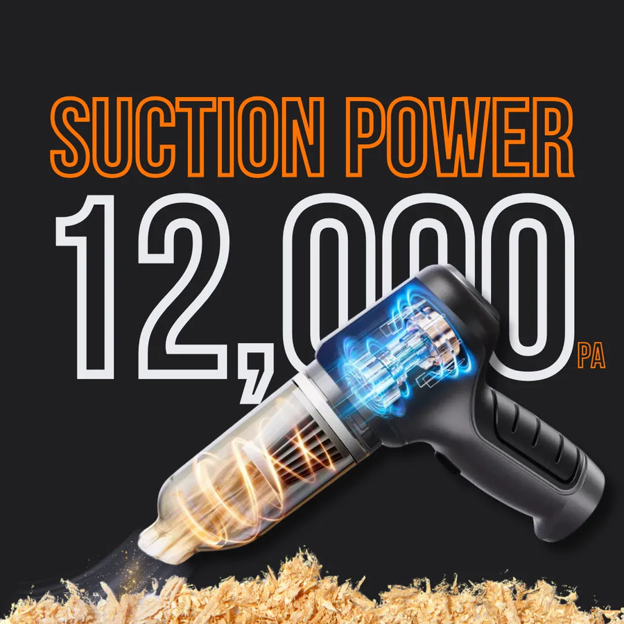 Handheld vacuum cleaner with 12,000 Pa suction power text and visible wood shavings