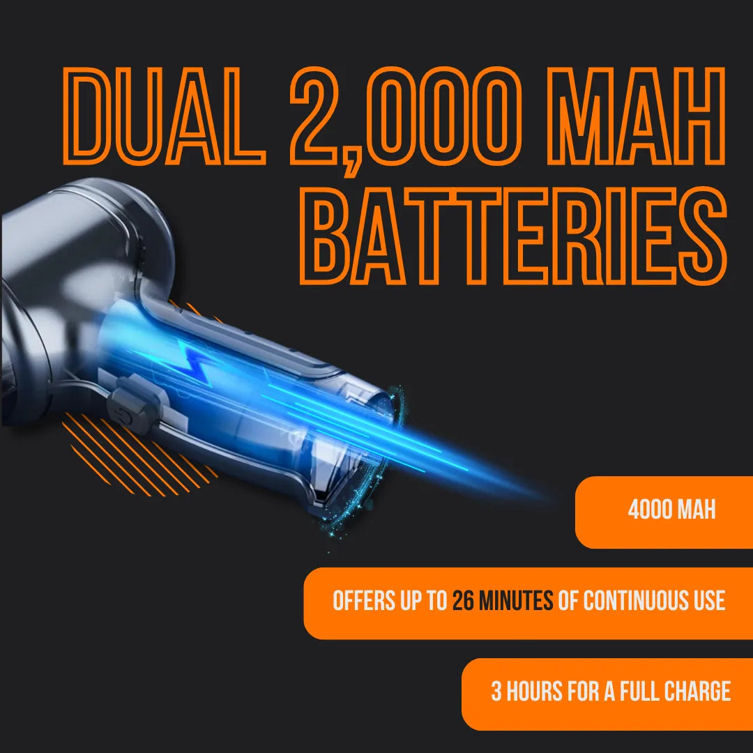 Handheld vacuum with dual 2,000 mAh batteries, 26-minute runtime, fast charging on black background
