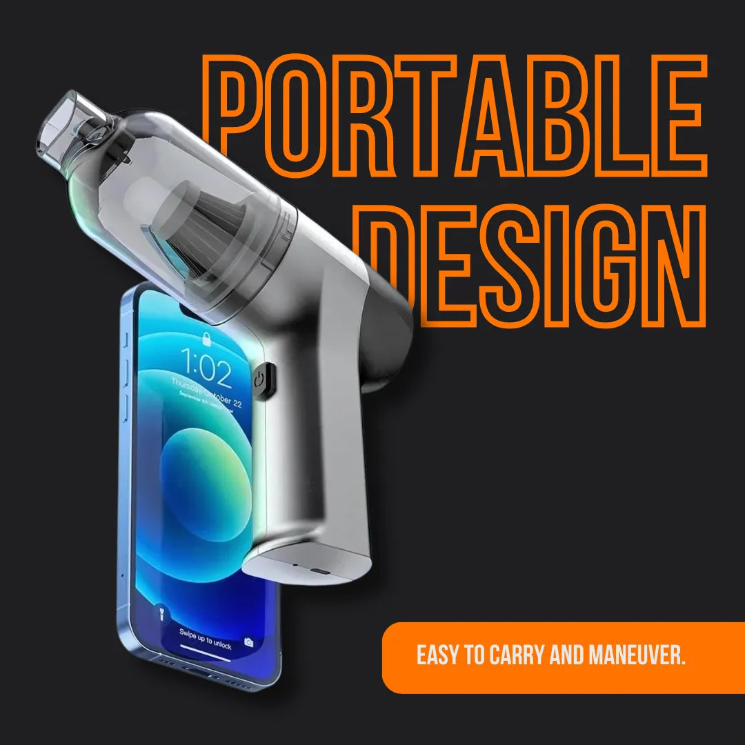 Compact cordless handheld vacuum next to smartphone, portable design, black background