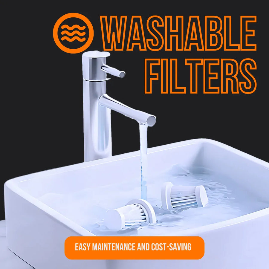 Washable vacuum filters being cleaned in a sink under running water, easy maintenance
