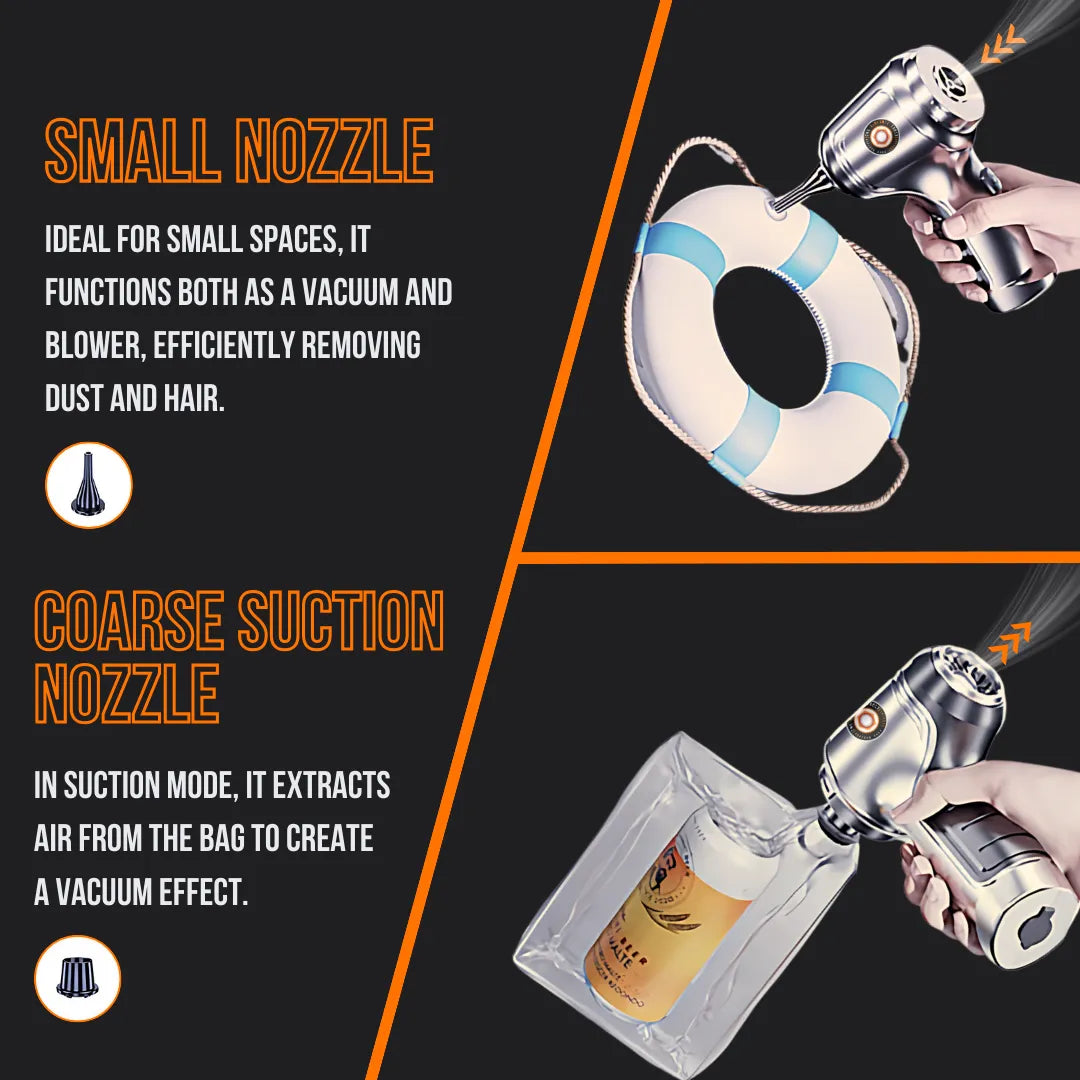 Handheld vacuum with small and coarse suction nozzles, cleaning lifebuoy and vacuum bag.