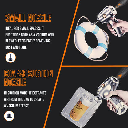 Handheld vacuum with small and coarse suction nozzles, cleaning lifebuoy and vacuum bag.