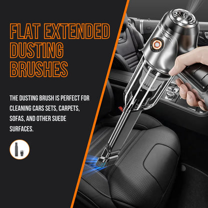 Handheld vacuum with flat extended dusting brush cleaning car seat interior.