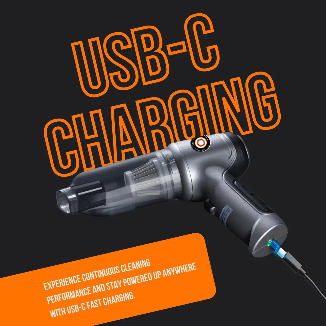 Handheld vacuum cleaner with USB-C charging feature highlighted on black background.
