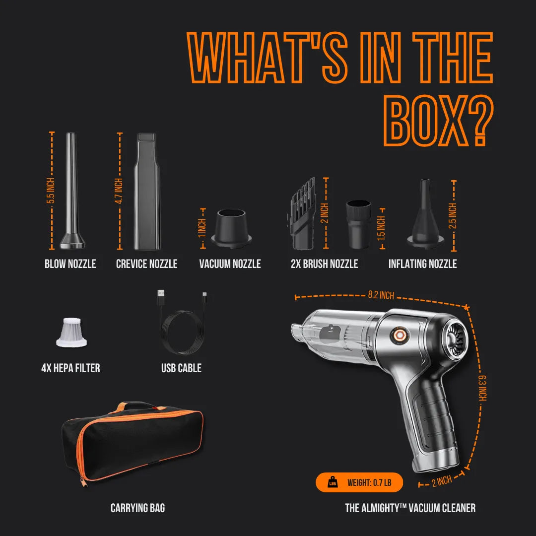 The Almighty vacuum cleaner kit with multiple nozzles, HEPA filters, USB cable, and carrying bag.