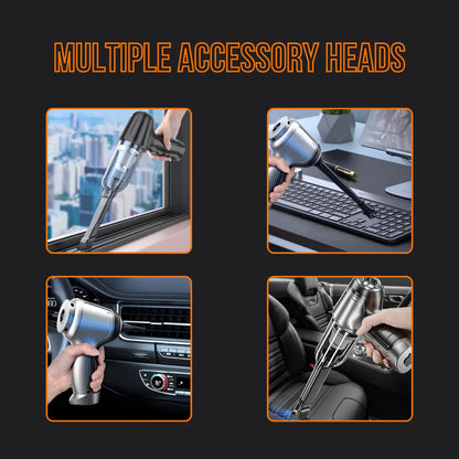 Handheld vacuum cleaner with multiple heads cleaning window tracks, keyboard, and car interior