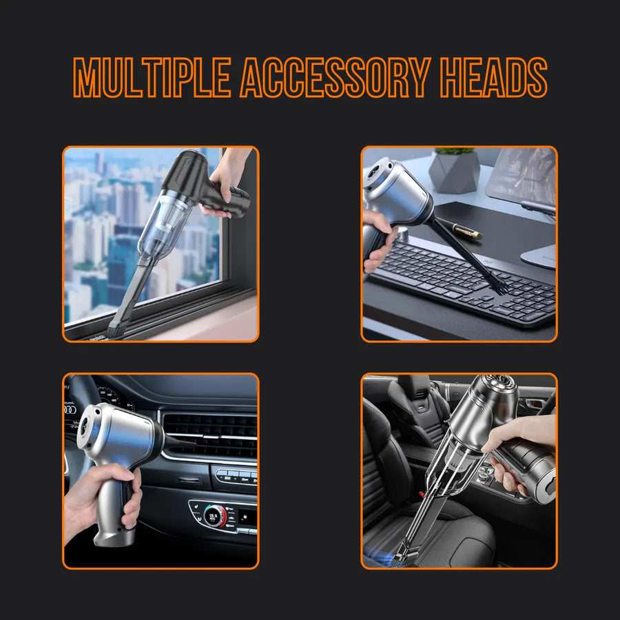Handheld vacuum cleaner with multiple heads cleaning window tracks, keyboard, and car interior