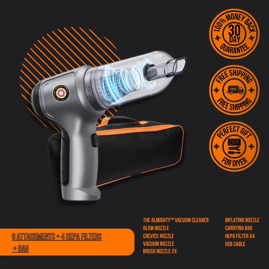Handheld Almighty vacuum cleaner with visible attachments, carrying bag, and HEPA filters