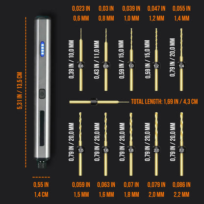 The Almighty Mini Electric Drill with LED indicator and ten precision drill bits in various sizes.
